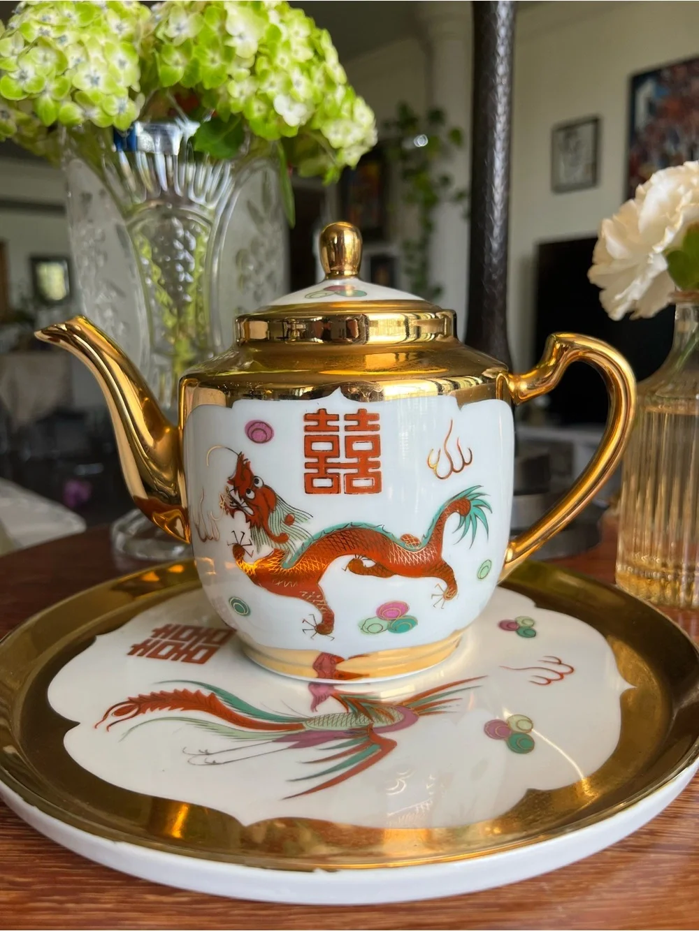 Vintage Jingdezhen Chinese Wedding Teapot & Tray Set -Gold Gilt Dragon & Phoenix
